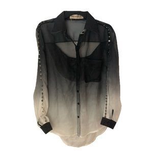 Reverse Sheer Black and White Ombré Blouse With Silver Spike Detail